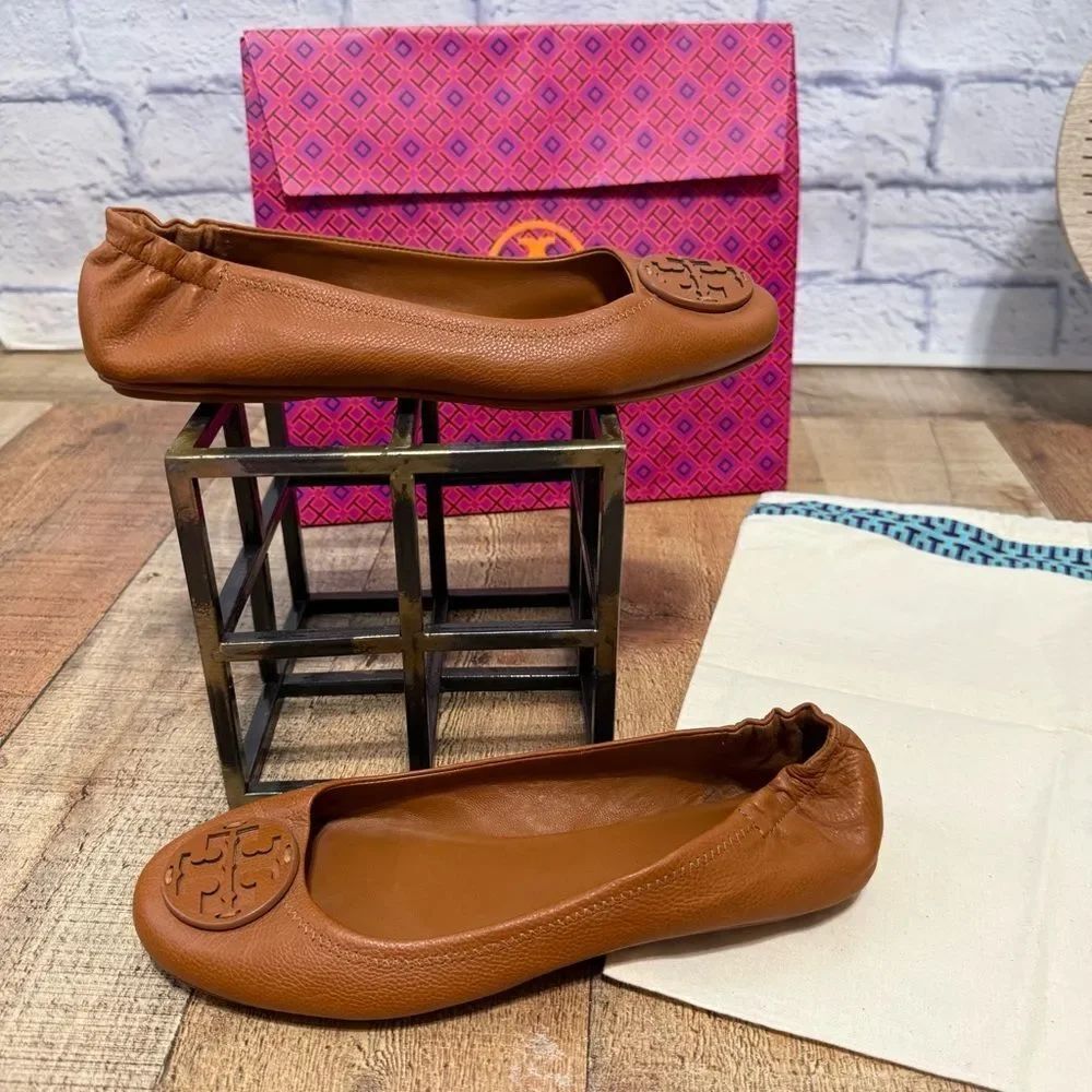 Tory Burch Minnie Leather Logo Travel Ballerina Flats Brown Bourbon Miele 8